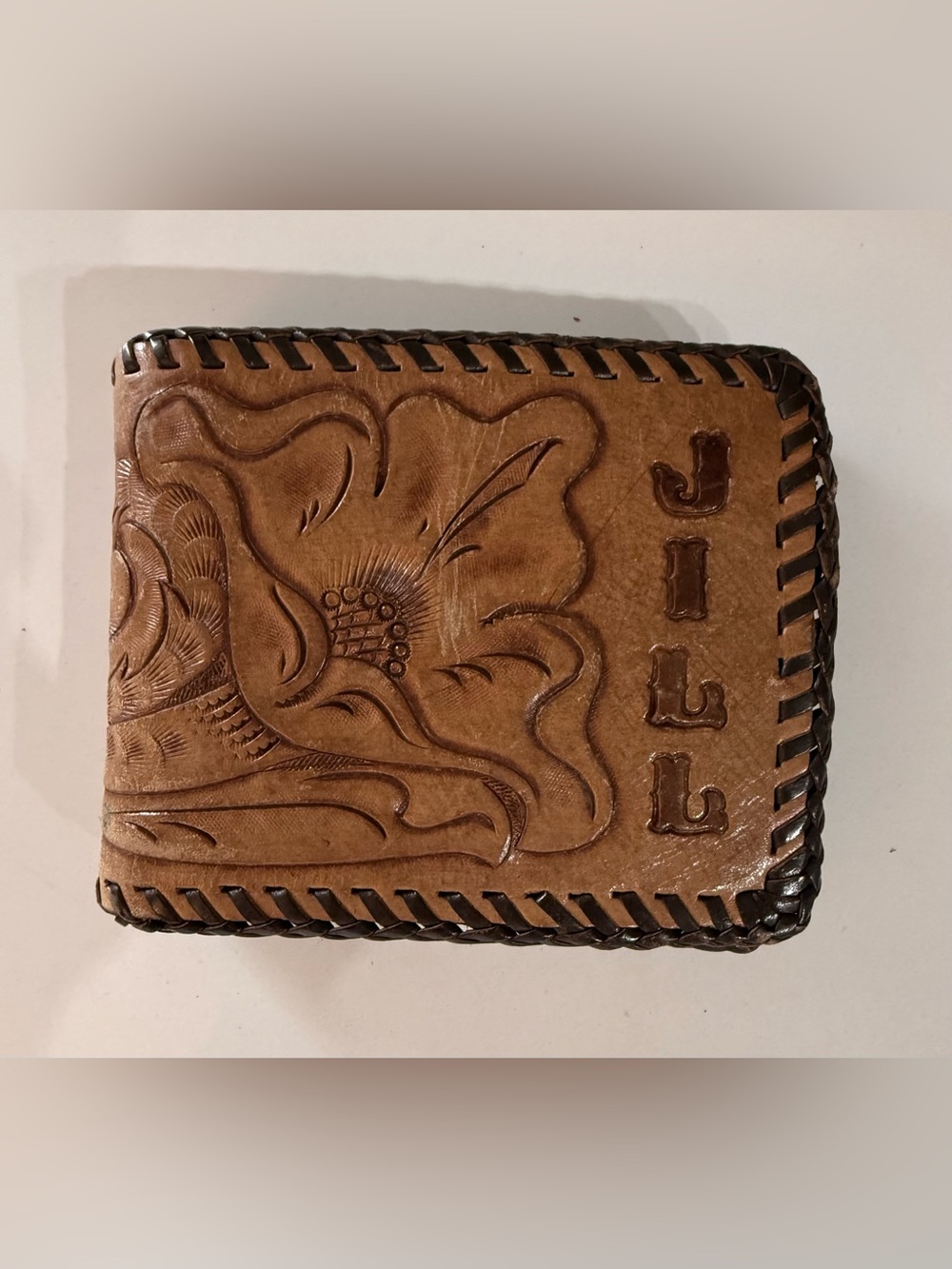 Vintage "Jill" name Hand-Tooled Brown Leather Bi-Fold Wallet- Monogram